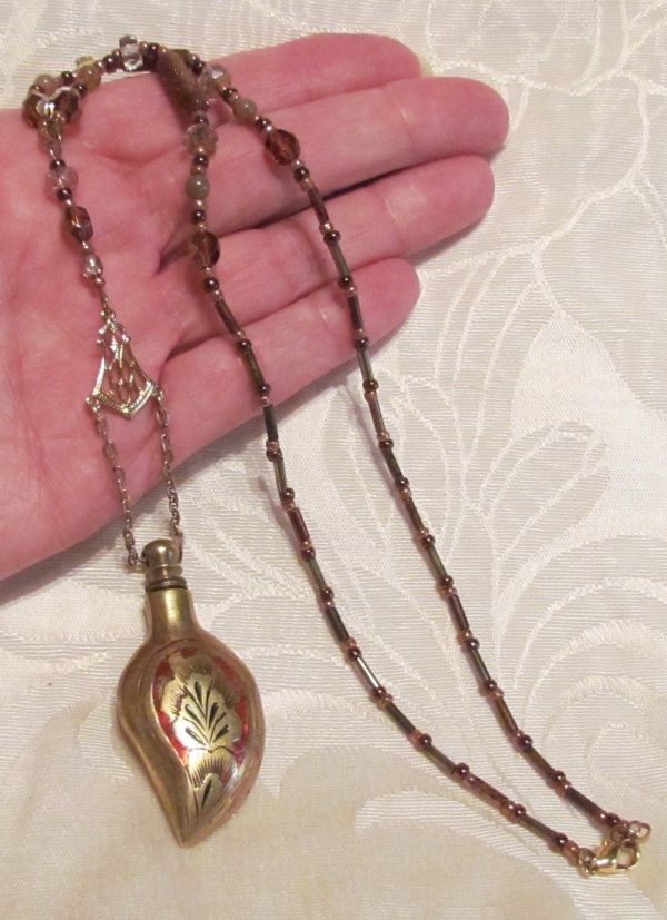 Chatelaine Perfume Bottle Necklace Vintage Gold Enamel One Of A Kind Beaded Necklace Discount