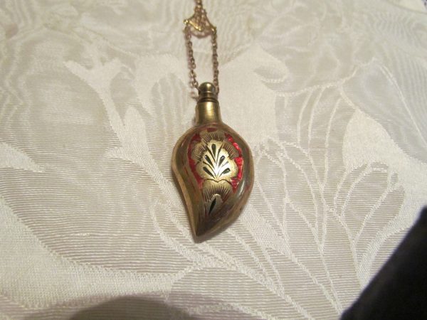 Chatelaine Perfume Bottle Necklace Vintage Gold Enamel One Of A Kind Beaded Necklace Discount