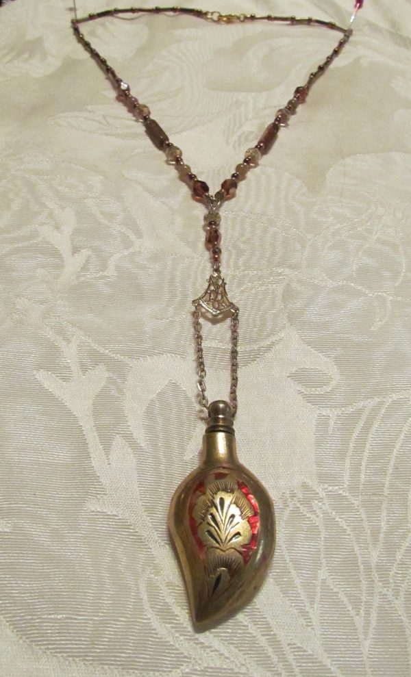 Chatelaine Perfume Bottle Necklace Vintage Gold Enamel One Of A Kind Beaded Necklace Discount