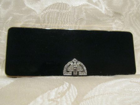 Volupte Black Enamel Compact 1940s Rhinestone Compact Art Deco Carryall Purse For Sale