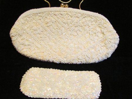 1940s White Beaded Purse Vintage Clutch Purse Sequins Rhinestone With Matching Eye Glass Case Mint Unused Online Sale