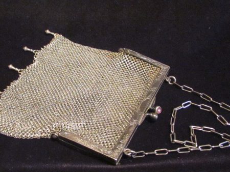 Antique German Silver Purse ChainMail Purse Victorian Mesh Bag Pink Cabochon Clasp Online Sale