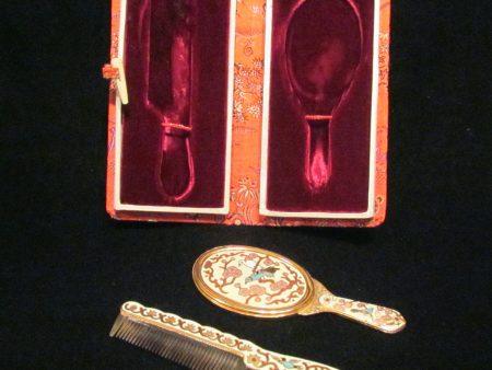 Asian Enamel Comb And Mirror Set With Silk Case Bird Motif Hot on Sale