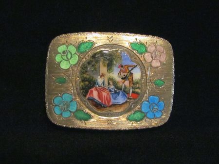 Antique 800 Silver Compact Enamel Courting Scene Guilloche Flowers Excellent Condition For Discount