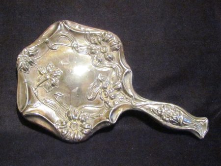 Art Nouveau Hand Held Mirror Vintage Silver Beveled Vanity Mirror Online now