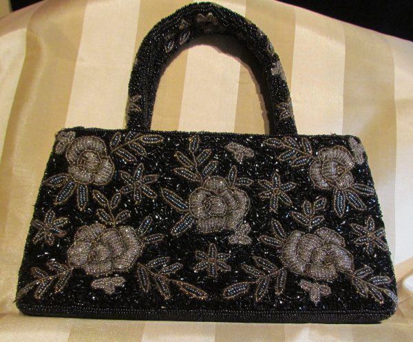 Vintage Black Beaded Purse Black Iridescent Floral Bead Bag Formal Mint Condition Sale