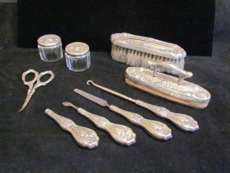 Sterling Silver Victorian Dresser Vanity 9 Piece Set 1800s German Grooming Set Nail Care Brush Jars Scissors Online Sale