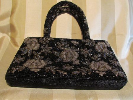 Vintage Black Beaded Purse Black Iridescent Floral Bead Bag Formal Mint Condition Sale