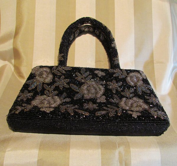 Vintage Black Beaded Purse Black Iridescent Floral Bead Bag Formal Mint Condition Sale