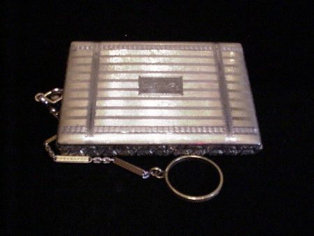 1910 Silver Compact Purse Powder Rouge & Mirror Antique Dance Purse With Finger Ring For Sale