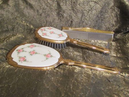 1930 s Guilloche Vanity Set Vintage Dresser Set Enamel Brush Mirror & Comb Rare Sale