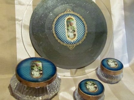 1930s Celluloid Vanity Set Mirror Tray Powder Jar Victorian Scene 4Pc Dresser Set Fashion