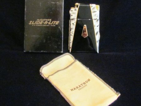 Marathon Cigarette Case Lighter 1930s Slide A Lite Working Gold & Enamel Case Lite Unused In Original Box Hot on Sale