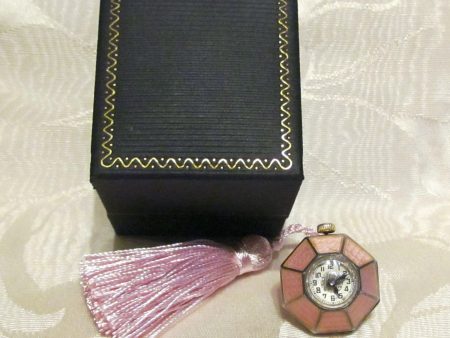 Pink Guilloche & Sterling Silver Watch Fob Art Deco Pendant Chatelaine Goering Swiss Watch 15 Jewel Working Extremely RARE MINT CONDITION Supply