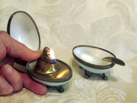 Evans Guilloche Egg Lighter Ashtray Set Blue Enamel 1950s Table Lighter Mid Century Rare Set For Sale