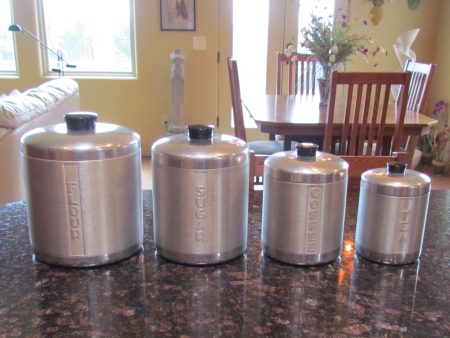 1950s Aluminum Canister Set Mid Century Kitchen Storage Containers Flour, Sugar, Coffee, Tea Hot on Sale