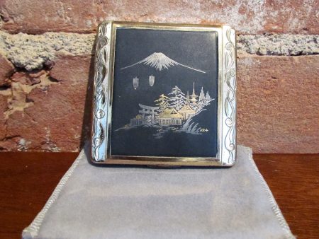 24K Gold Etched Asian Vintage Powder Compact Mt Fuji Sale