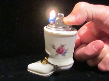 1940s Table Lighter Cigarette Lighter Vintage Lighter Porcelain Lighter Floral Silver Ceramic Boot WORKING For Sale