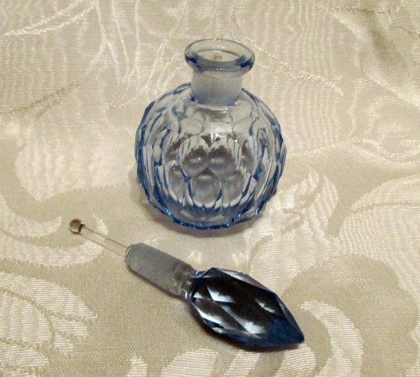 1940s Cut Crystal Perfume Bottle Light Blue Depression Glass on Sale