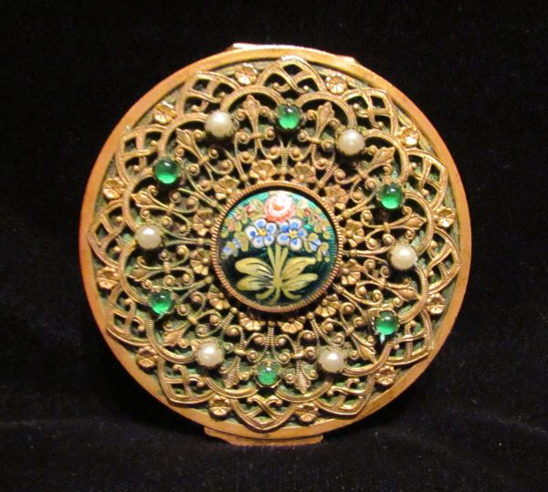 Gold Filigree Compact Set French Guilloche Enamel White Pearls Green Stones Antique Powder Boxes 1800 s Online now