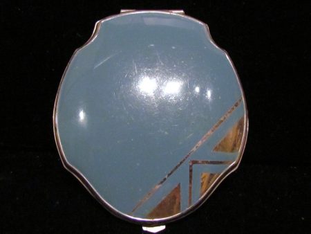 1940s Silver And Blue Enamel Compact Art Deco Elgin American Mirror Powder Compact For Sale