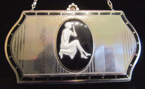 1926 D.F. Briggs Compact Purse Art Deco Silver And Glass Cameo Vintage Makeup Dance Purse Online now