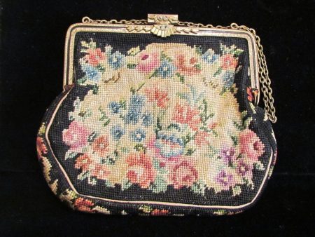 Vintage Petit Point Purse 1900s Victorian Tapestry Handbag Enamel Frame & Marcasite Clasp Sale