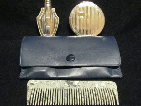 1910s Nickel Silver Compact Set Perfume Bottle Powder Compact Bakelite Comb Leather Purse Unused Extremely Rare Supply