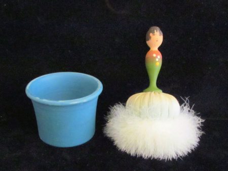 1940s Goose Down Powder Puff Jar Figural Doll Handle Vintage Powder Box Swan Powder Puff RARE Online Sale