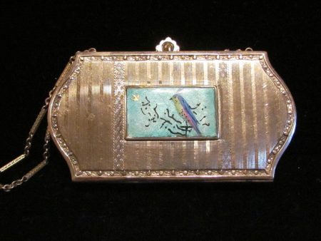 Guilloche Enamel Compact Purse 1920 s Hand Painted Bird Makeup Case Dance Purse Fashion