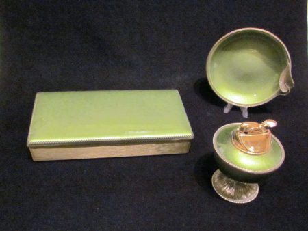 1950s Evans Guilloche Smoking Set Green Enamel Lighter Cigarette Box Ashtray Tabletop Working Lighter Mint Condition Sale