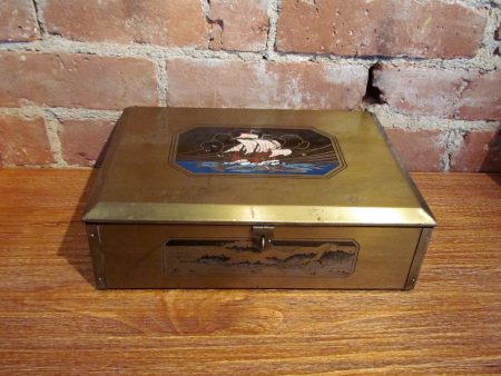 Vintage Etch Art Chest Mens Ship Trinket Box Jewelry Box Hot on Sale