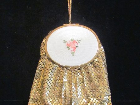 Evans Gold Mesh & Guilloche Wristlet Purse Handbag Vintage Powder Compact Bag Online now