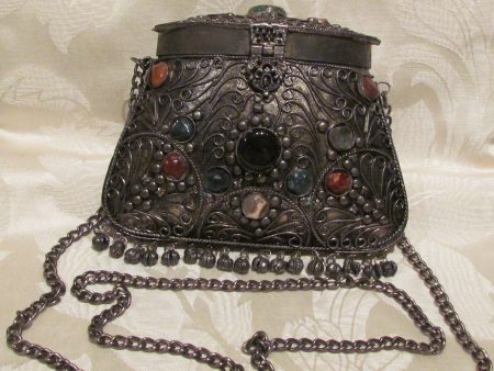 Silver Shell Purse Shoulder Metal Pillow Purse Natural Agate Stones Boho Supply