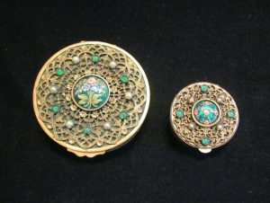 Gold Filigree Compact Set French Guilloche Enamel White Pearls Green Stones Antique Powder Boxes 1800 s Online now