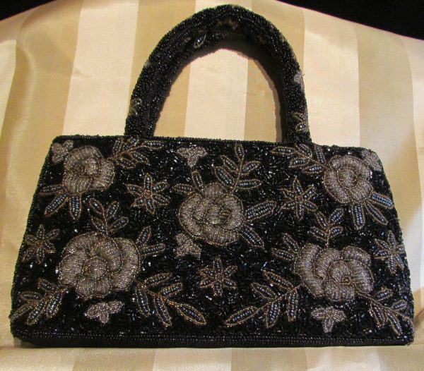 Vintage Black Beaded Purse Black Iridescent Floral Bead Bag Formal Mint Condition Sale