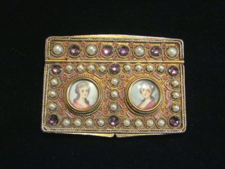 1800s French Portrait & Jewel Gold Ormolu Compact Antique 19th Century Excellent Condition Fashion