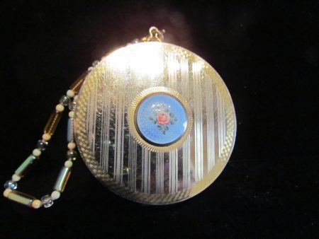 24kt Gold Overlay Guilloche Compact Purse OOAK Beaded Wristlet Chain Online Sale