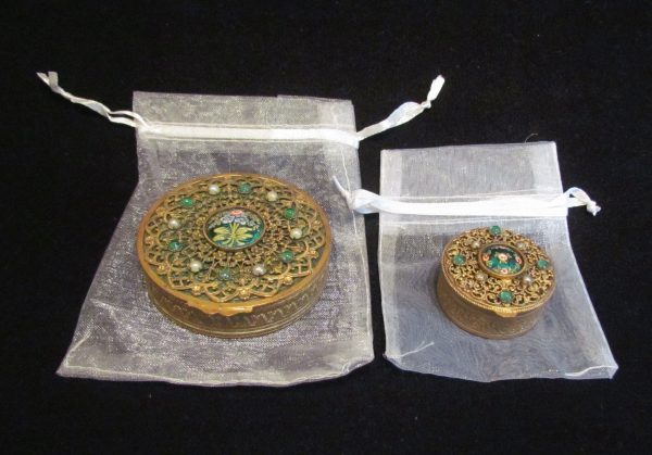 Gold Filigree Compact Set French Guilloche Enamel White Pearls Green Stones Antique Powder Boxes 1800 s Online now