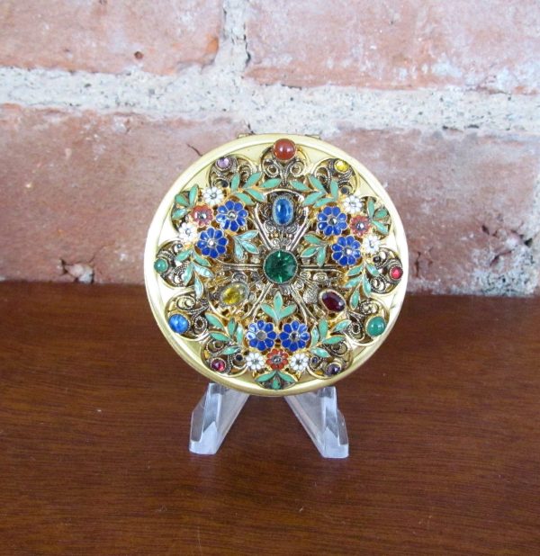 Victorian Gold Jeweled Enamel Compact Antique Floral Design Online Hot Sale