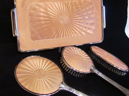 1940s Picadilly Vanity Set Mirror Brush Tray & Clothing Brush Celluloid Guilloche Dresser Set Made In England Fashion