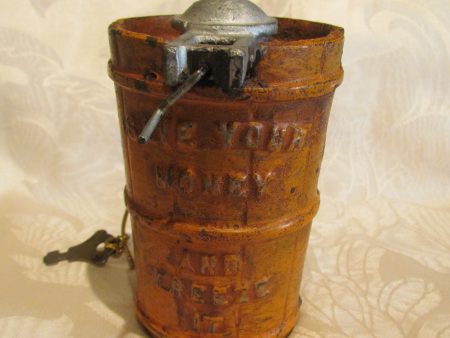 Cast Iron Coin Bank Antique Ice Cream Churn Freeze It Bank With Key 1875 Patent Date on Sale