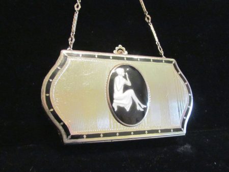 1926 D.F. Briggs Compact Purse Art Deco Silver And Glass Cameo Vintage Makeup Dance Purse Online now