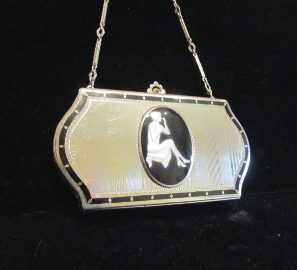 1926 D.F. Briggs Compact Purse Art Deco Silver And Glass Cameo Vintage Makeup Dance Purse Online now