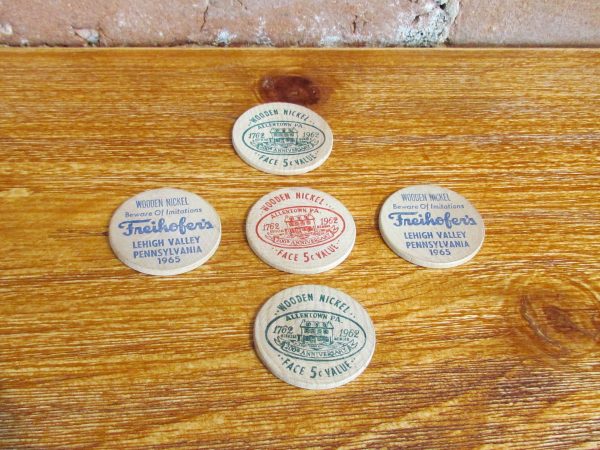 Five Wooden Nickels-Three Allentown, PA 1962 Bicentennial & Two Freihofer s Lehigh Valley, PA 1965 Hot on Sale