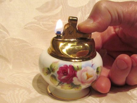 1940s Table Lighter Cigarette Lighter Vintage Hand Painted Bone China Floral Gold Ceramic WORKING Online now