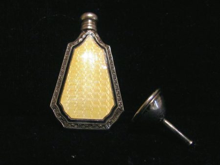 Art Deco Perfume Bottle Webster & Co Sterling Silver Yellow Enamel Guilloche Perfume Bottle Flask And Funnel Hot on Sale