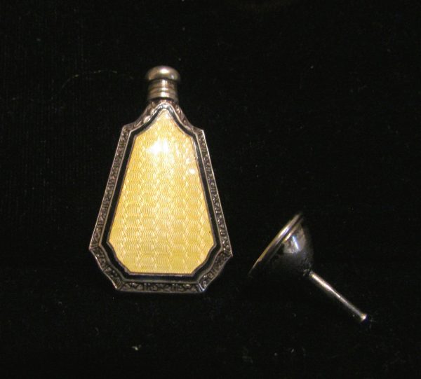 Art Deco Perfume Bottle Webster & Co Sterling Silver Yellow Enamel Guilloche Perfume Bottle Flask And Funnel Hot on Sale