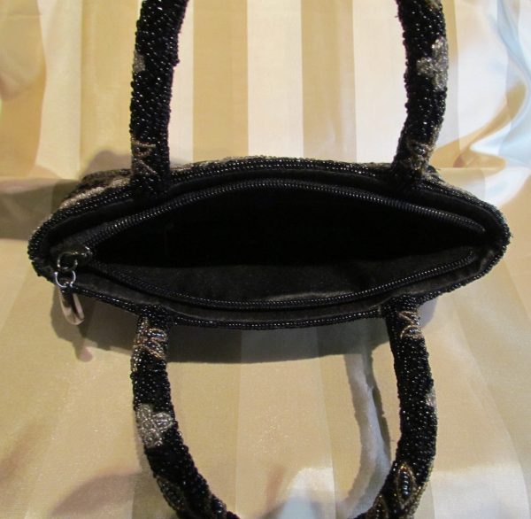 Vintage Black Beaded Purse Black Iridescent Floral Bead Bag Formal Mint Condition Sale