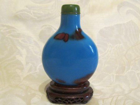 Vintage Asian Perfume Bottle Snuff Bottle Blue Polished Stone Wooden Base Chinese Vanity Accessory For Sale